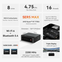 Beelink EQR7 Mini-PC, AMD Ryzen 7 7735U(8C/16T jusqu'à 4,75Ghz), Mini Ordinateur 16GB LPDDR5 500GB M.2 PCIe4.0 SSD, 4K Dual