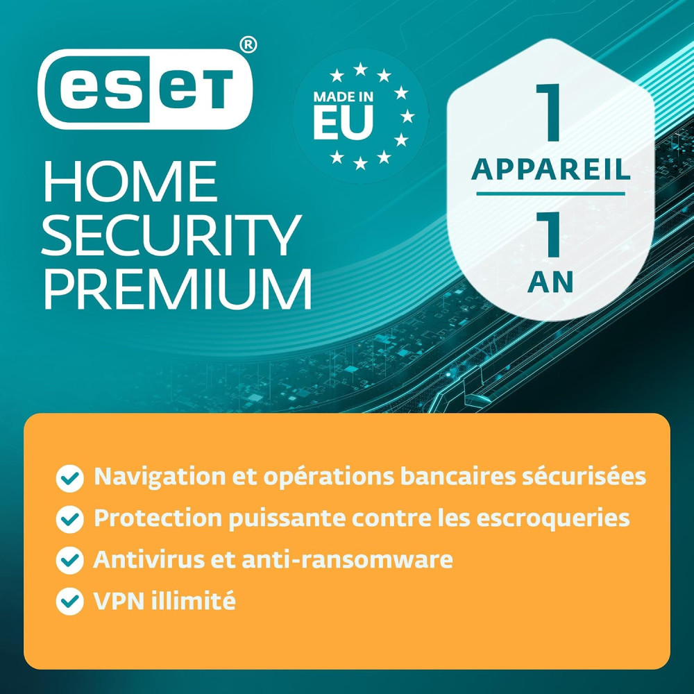 ESET HOME Security Premium 2026 | 1 appareil | 1 an | Suite de sécurité, VPN, Pare-feu, Chiffrement renforcé | Windows, MacOs,