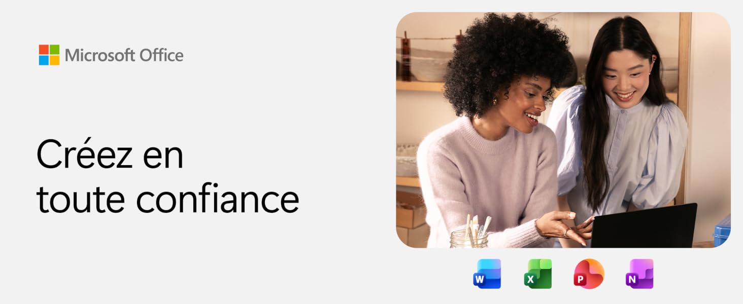 Le texte indique « Microsoft Office » et « Créez en toute confiance ». Montre des scènes d'espace de travail collaboratif avec des appareils informatiques.