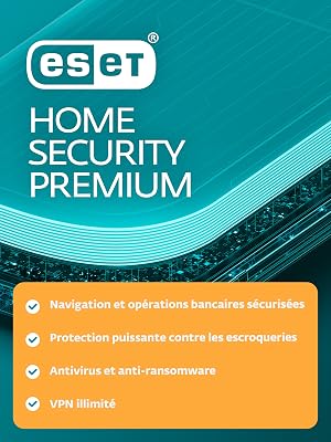 Le texte indique « eser HOME SECURITY PREMIUM » avec des coches indiquant « Navigation et opérations bancaires sécurisées », « Protection périmètre contre les cambrioleurs », « Analyse et anti-ransomware », « VPN illimité » sur fond bleu sarcelle et orange.